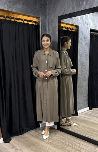 Şükran Gizli Düğmeli Keten Kap HAKİ - 5