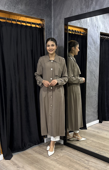 Şükran Gizli Düğmeli Keten Kap HAKİ - 5