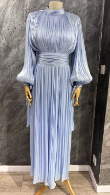 Şükran Kolları ve Beli Pliseli Elbise MAVİ - 1