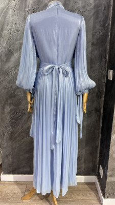 Şükran Kolları ve Beli Pliseli Elbise MAVİ - 2