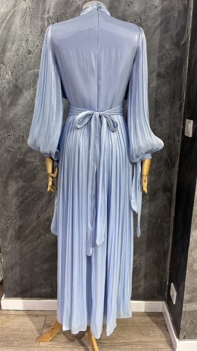 Şükran Kolları ve Beli Pliseli Elbise MAVİ - 2