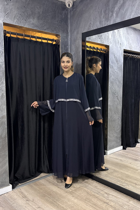 Şükran Kolu ve Önü Üçgen Kare Taş Detaylı Ferace LACİVERT - 2