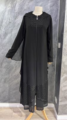 Şükran Yarasa Kol Şifon Detaylı Ferace SİYAH 