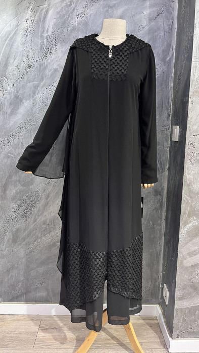 Şükran Yarasa Kol Şifon Detaylı Ferace SİYAH - 1