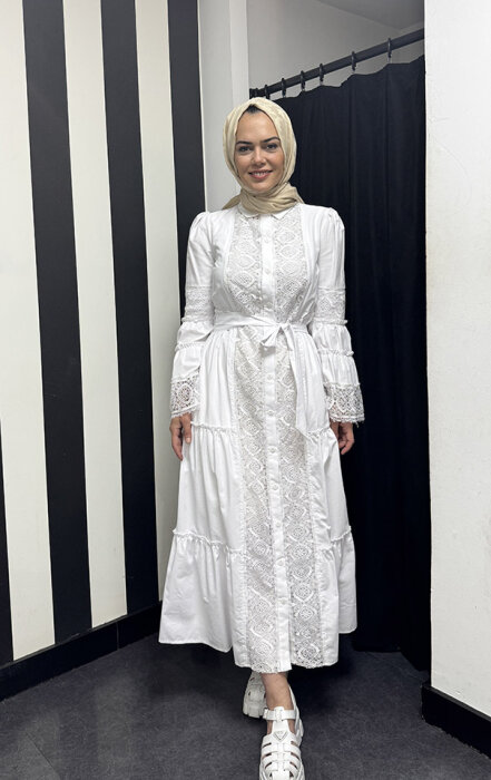 Tdee Dantelli Elbise BEYAZ - 1