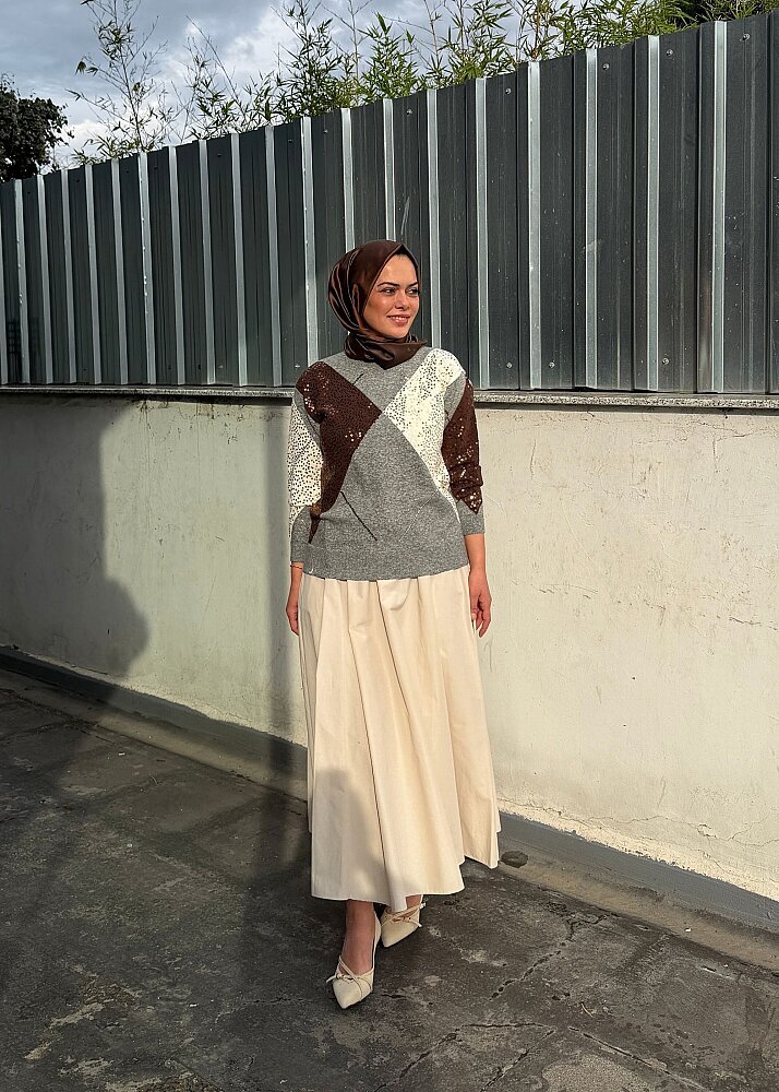 UniQue Baklava Desenli Pul İşlemeli Triko Tunik FÜME - 3