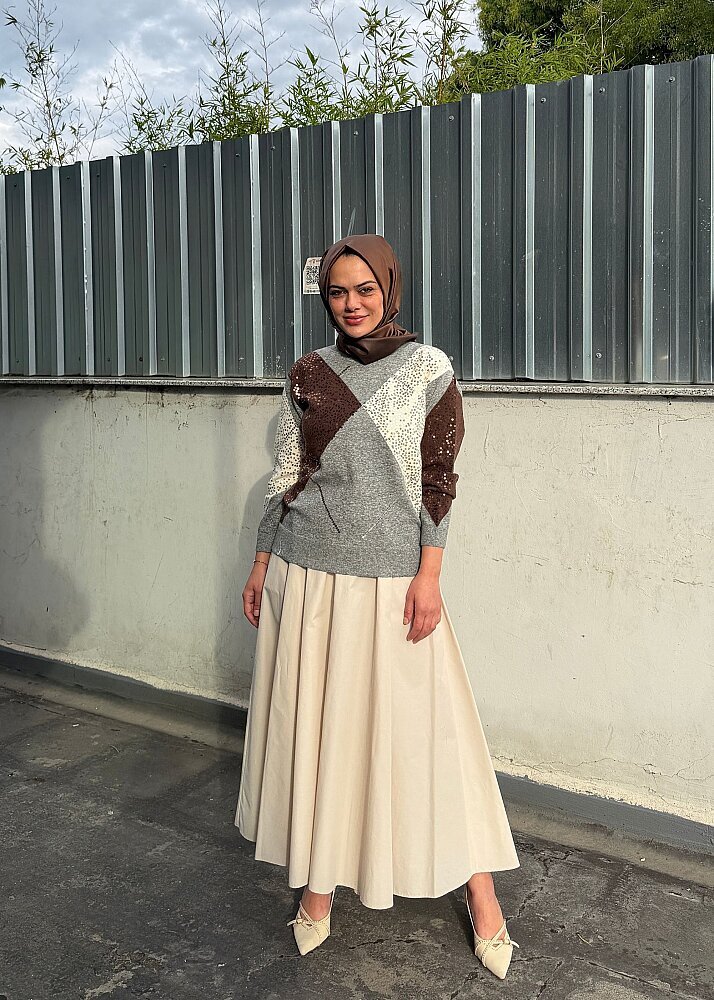 UniQue Baklava Desenli Pul İşlemeli Triko Tunik FÜME