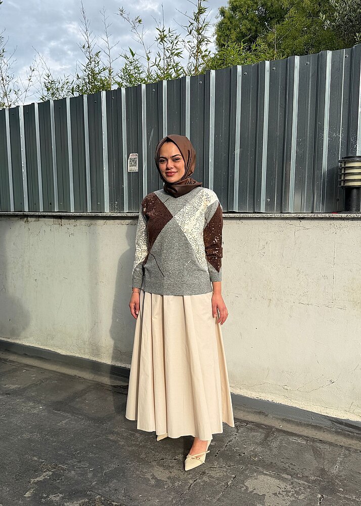 UniQue Baklava Desenli Pul İşlemeli Triko Tunik FÜME - 4