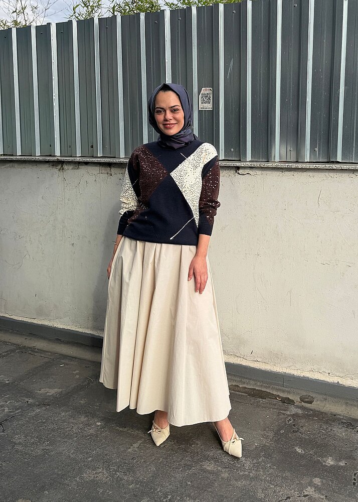 UniQue Baklava Desenli Pul İşlemeli Triko Tunik LACİVERT