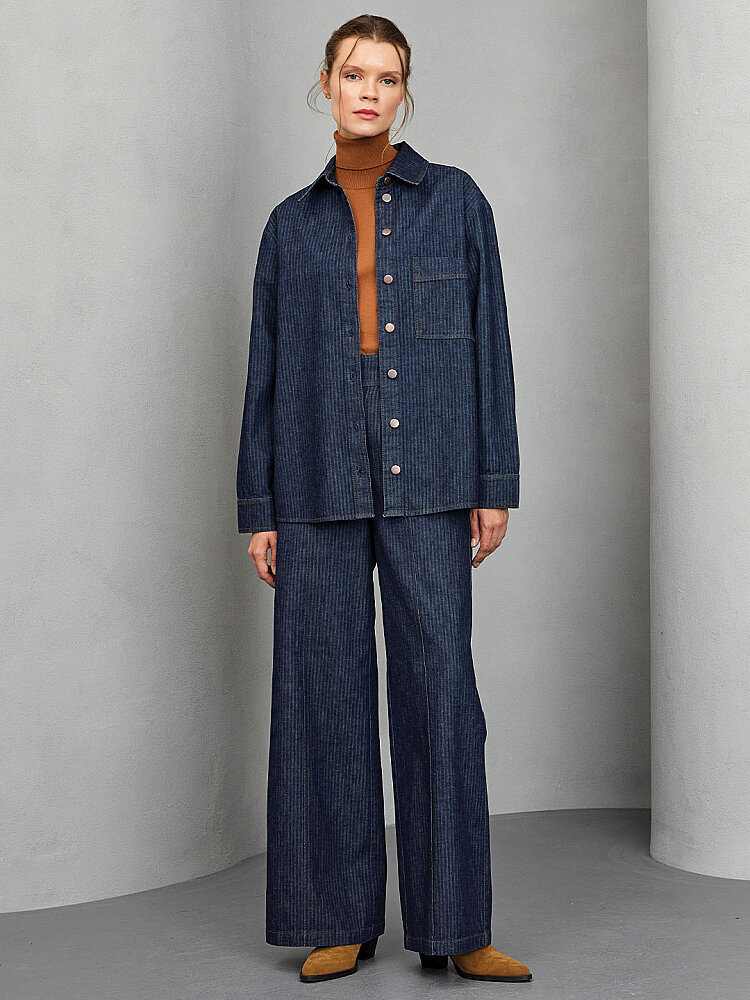UniQue Balıksırtı Denim Kumaşlı Palazzo Pantolon LACİVERT