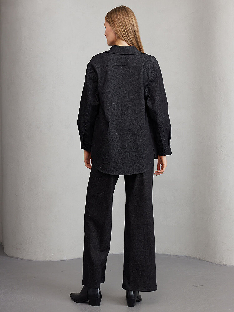 Unıque Taşlı Denim Bol Paça Pantolon SİYAH - 2