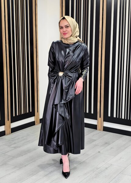 Vuu Belden Fiyonklu Deri Elbise SİYAH