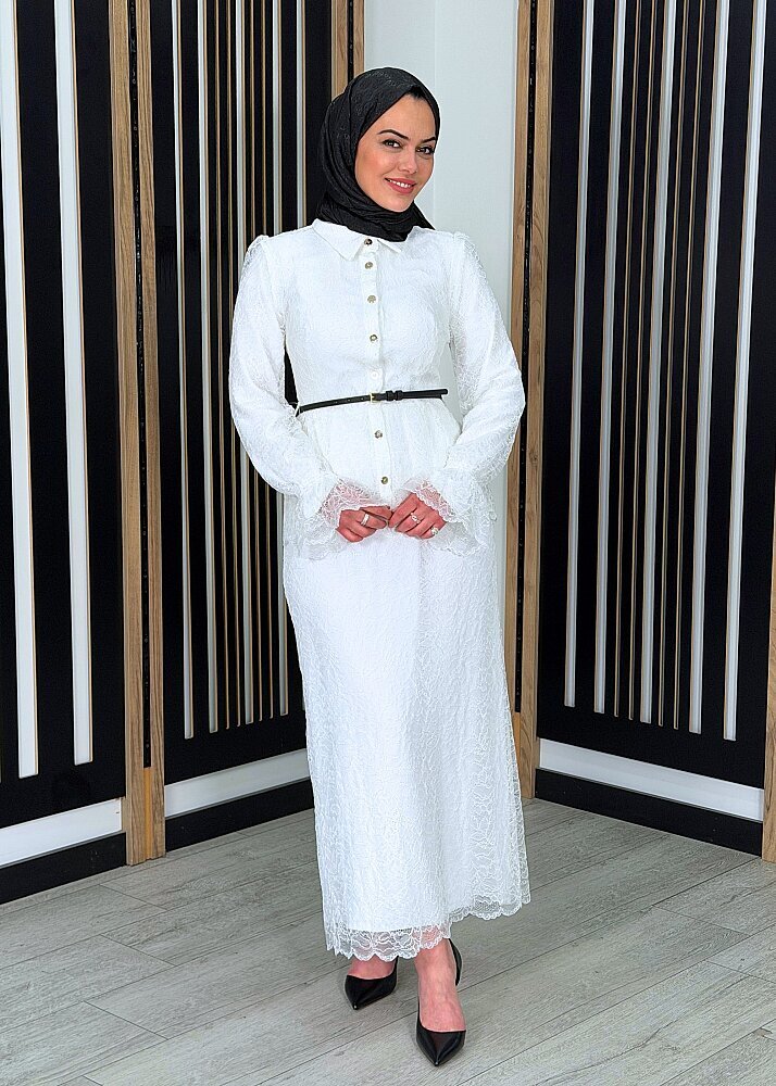 Vuu Beli Peplum Dantel Elbise BEYAZ - 2