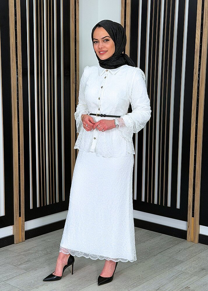 Vuu Beli Peplum Dantel Elbise BEYAZ