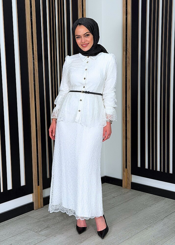 Vuu Beli Peplum Dantel Elbise BEYAZ - 3