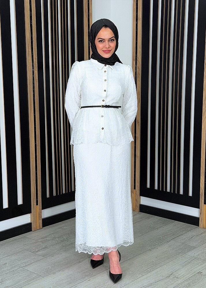 Vuu Beli Peplum Dantel Elbise BEYAZ - 4
