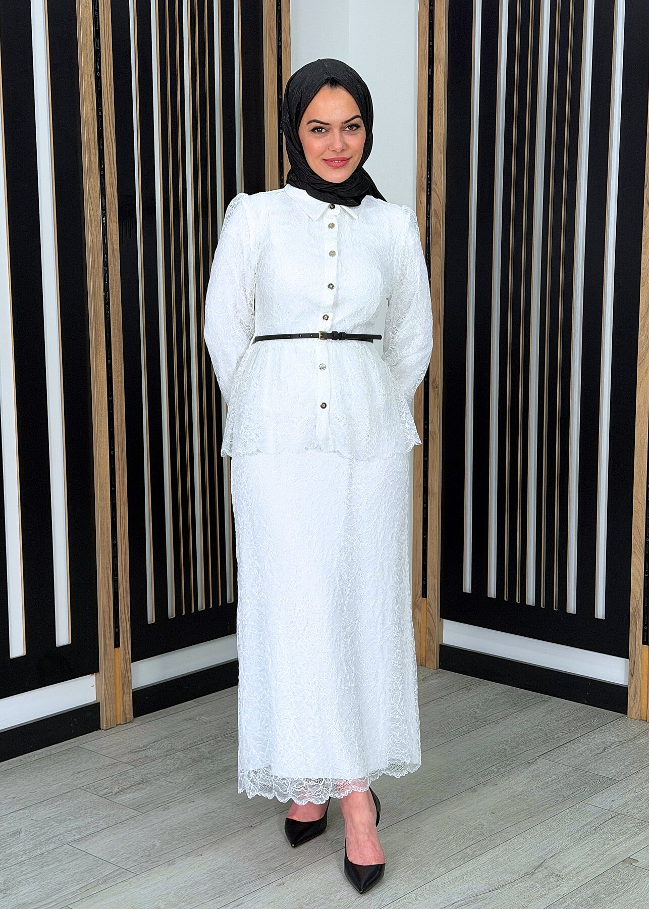 Vuu Beli Peplum Dantel Elbise BEYAZ - 4