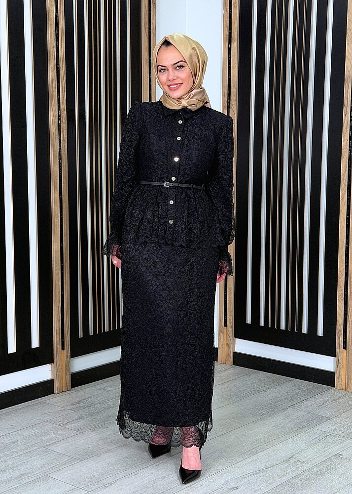 Vuu Beli Peplum Dantel Elbise SİYAH - 2
