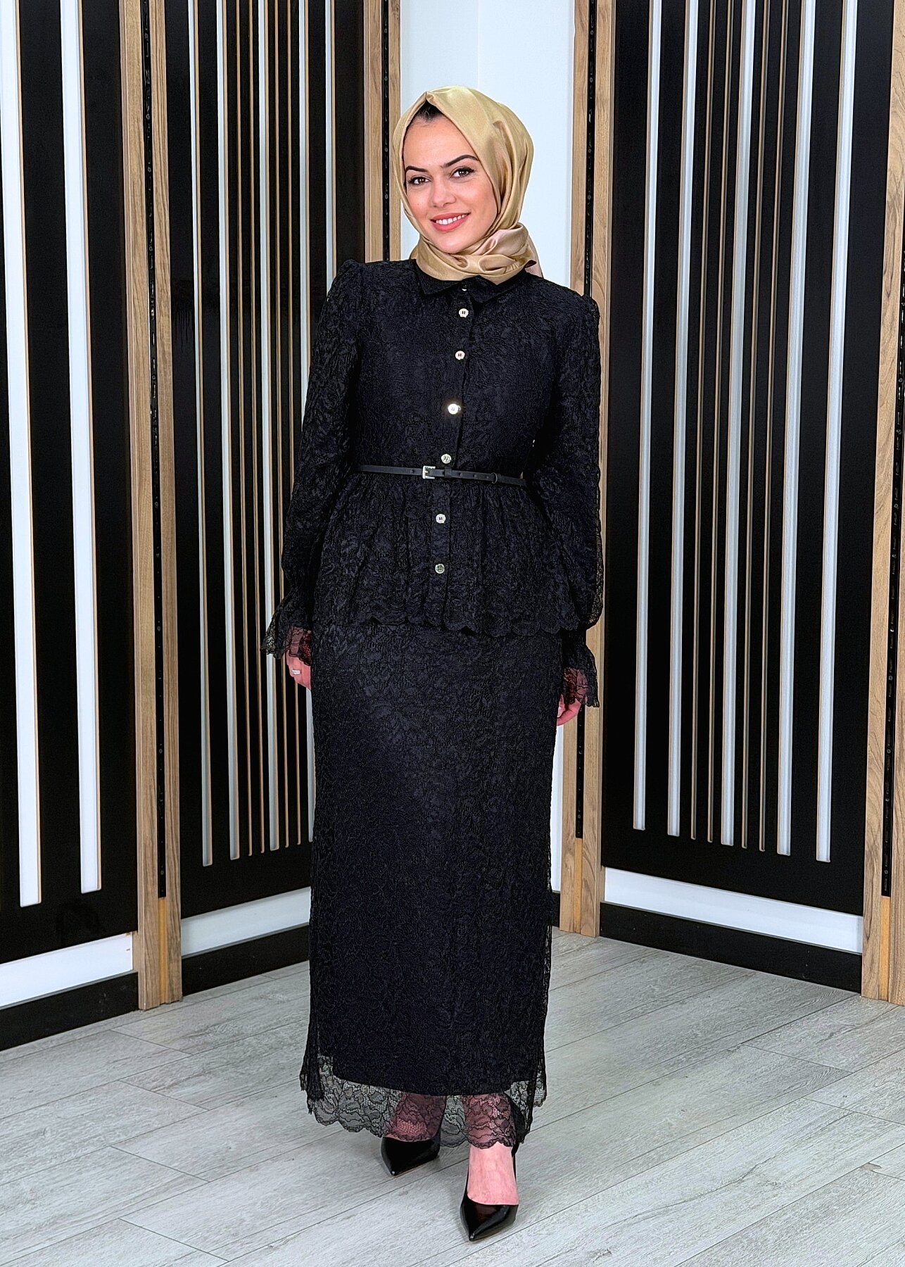 Vuu Beli Peplum Dantel Elbise SİYAH - 2