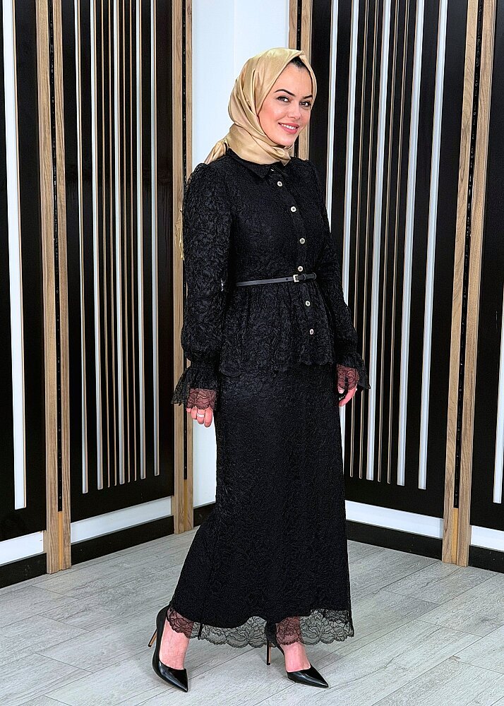 Vuu Beli Peplum Dantel Elbise SİYAH - 3