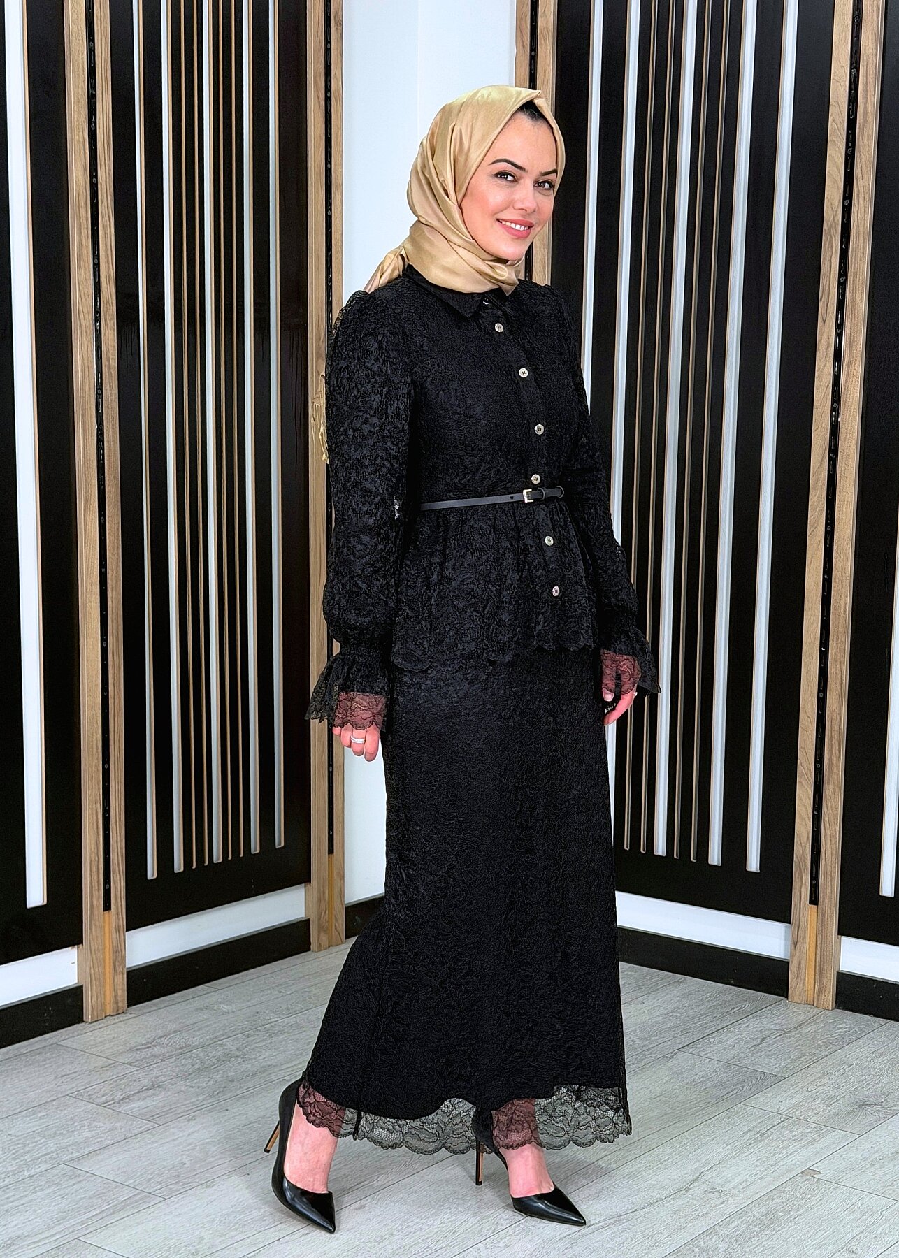 Vuu Beli Peplum Dantel Elbise SİYAH - 3