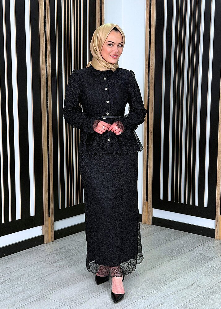 Vuu Beli Peplum Dantel Elbise SİYAH