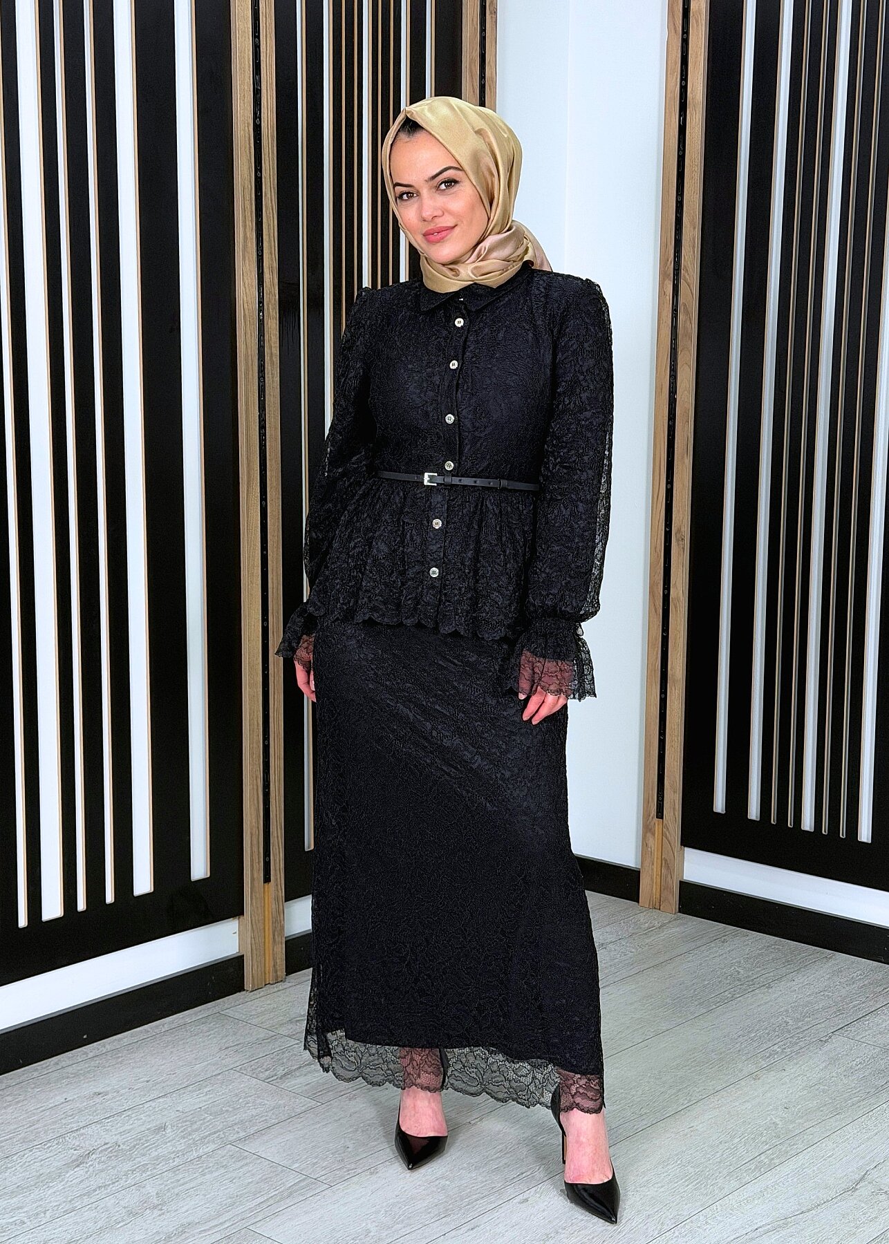 Vuu Beli Peplum Dantel Elbise SİYAH - 4