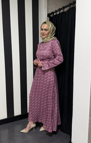 Vuu Beli Tokalı Büzgülü Çıtır Desen Elbise BORDO - 2