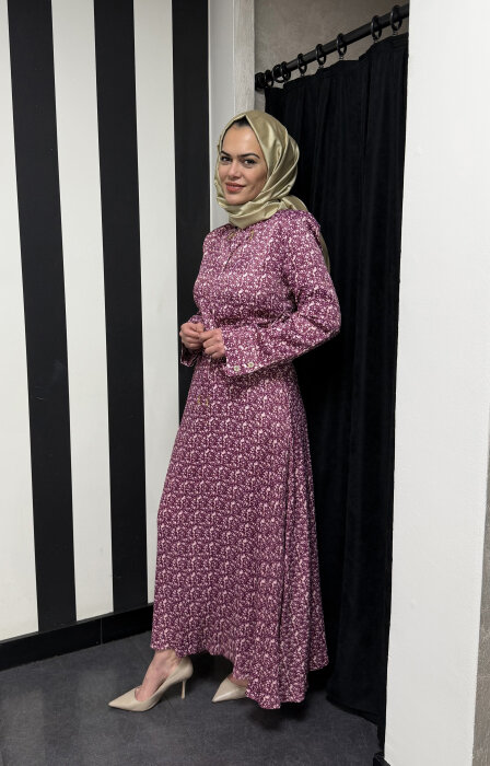 Vuu Beli Tokalı Büzgülü Çıtır Desen Elbise BORDO - 2