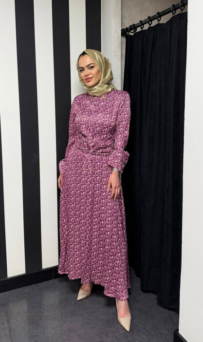 Vuu Beli Tokalı Büzgülü Çıtır Desen Elbise BORDO - 3