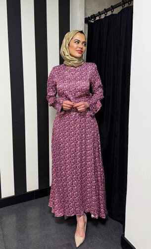 Vuu Beli Tokalı Büzgülü Çıtır Desen Elbise BORDO