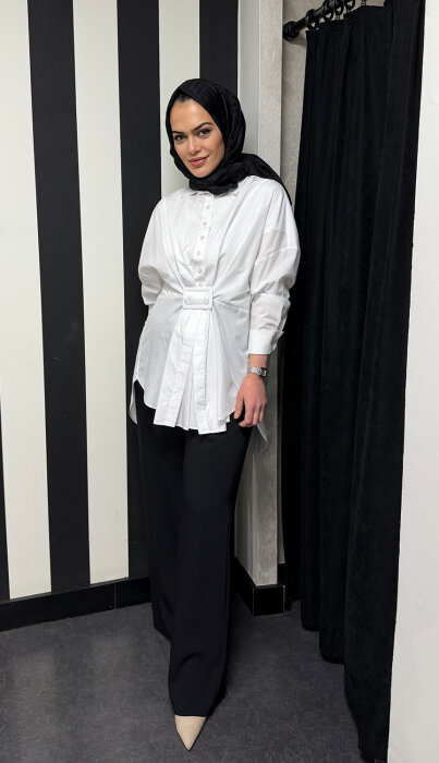 Vuu Beli Tokalı Drapeli Bol Gömlek BEYAZ - 1