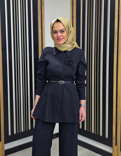 Vuu Beyaz Dokulu Kuplu Peplum Gömlek SİYAH