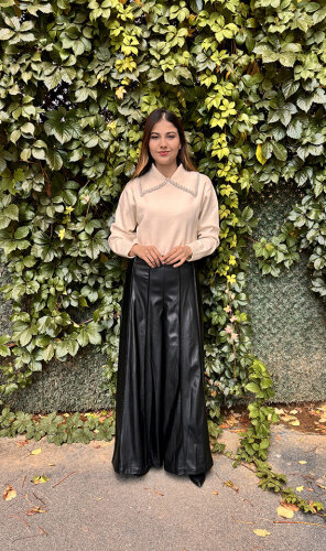 Vuu Bol İspanyol Paçalı Deri Pantolon SİYAH - 3