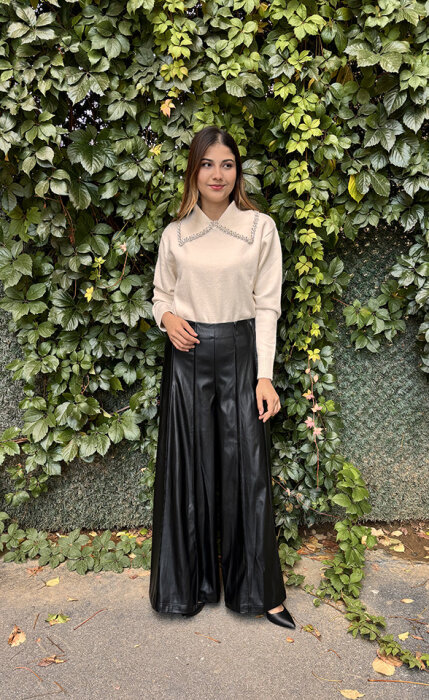 Vuu Bol İspanyol Paçalı Deri Pantolon SİYAH - 4