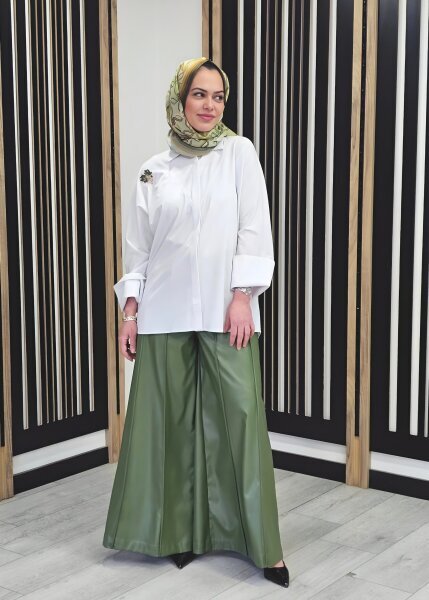 Vuu Bol İspanyol Paçalı Deri Pantolon YEŞİL - 2