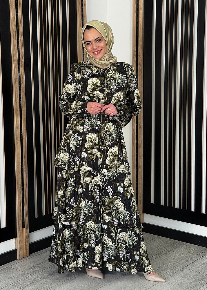 Vuu Bol Volanlı Desenli Fermuarlı Elbise Desenli