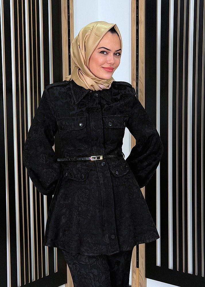 Vuu Çiçek Jakarlı Siyah Peplum Gömlek SİYAH - 2