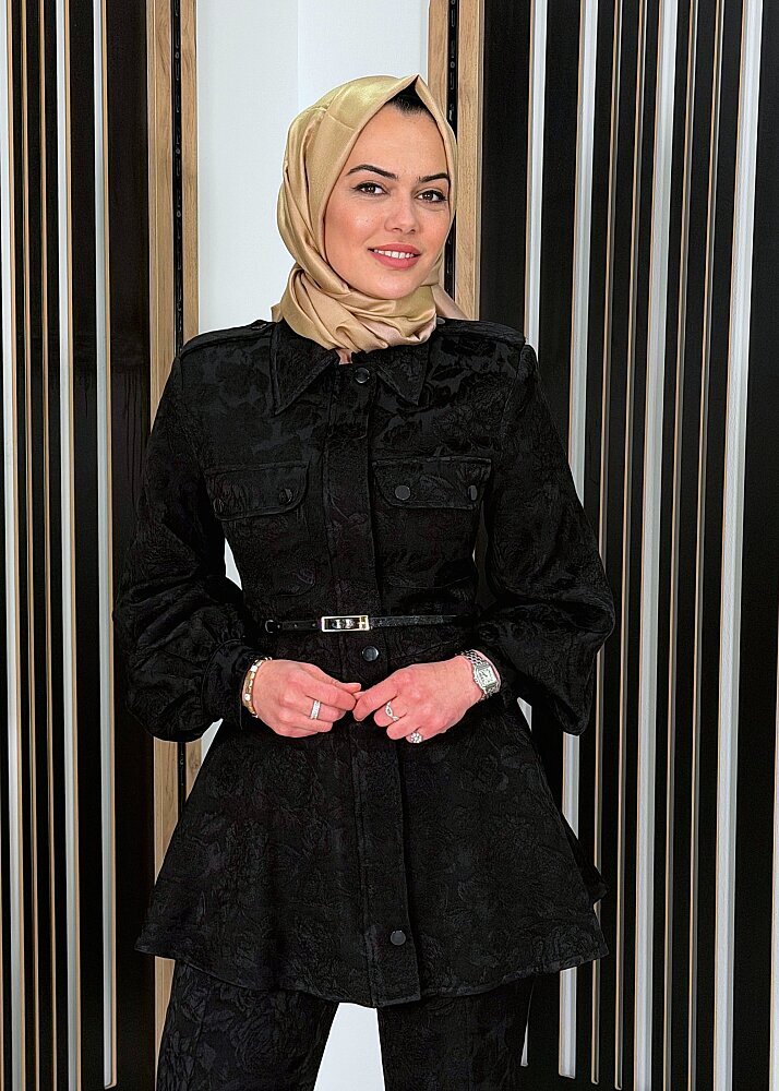 Vuu Çiçek Jakarlı Siyah Peplum Gömlek SİYAH