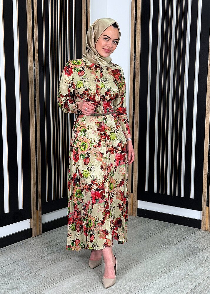 Vuu Çiçekli Beli Pensli Elbise YEŞİL