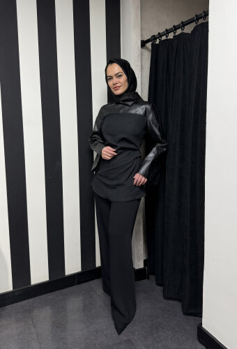 Vuu Deri Garnili Jakar Bluz SİYAH