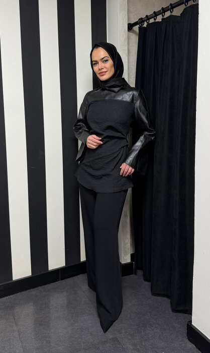 Vuu Deri Garnili Jakar Bluz SİYAH - 2