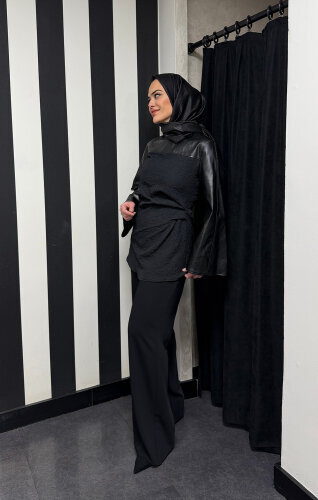 Vuu Deri Garnili Jakar Bluz SİYAH