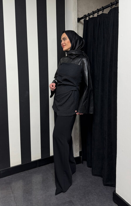 Vuu Deri Garnili Jakar Bluz SİYAH - 1