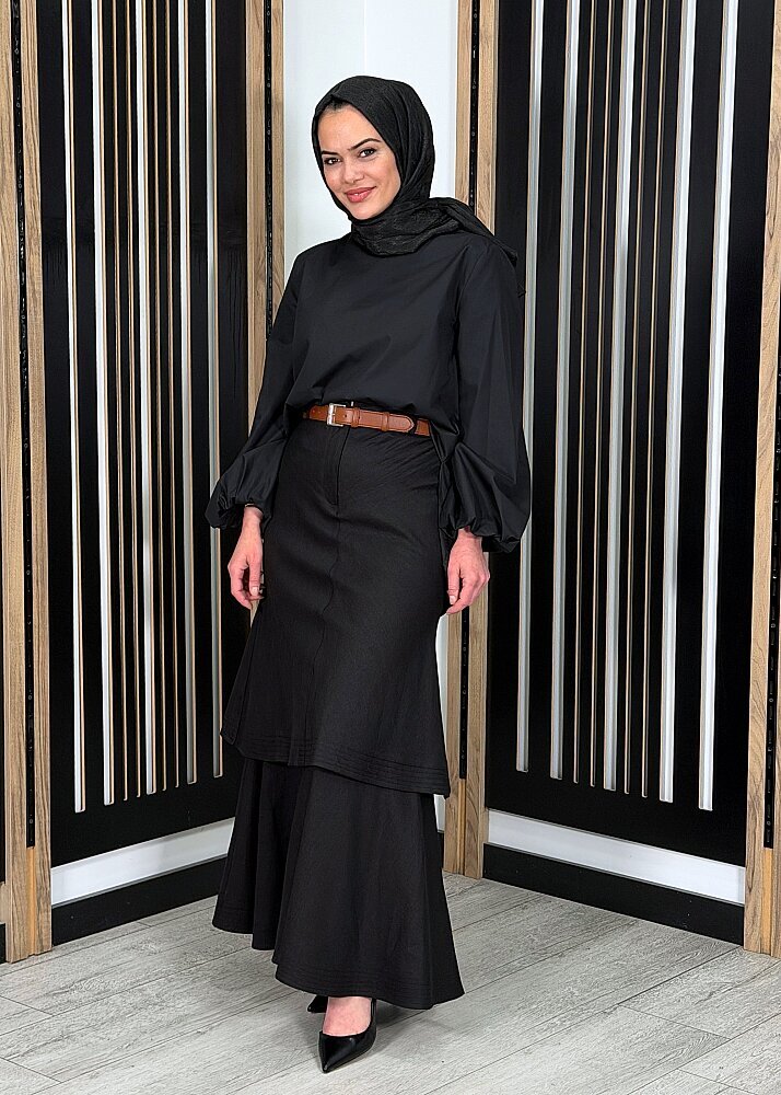 Vuu İki Katlı Volanlı Keten Etek SİYAH