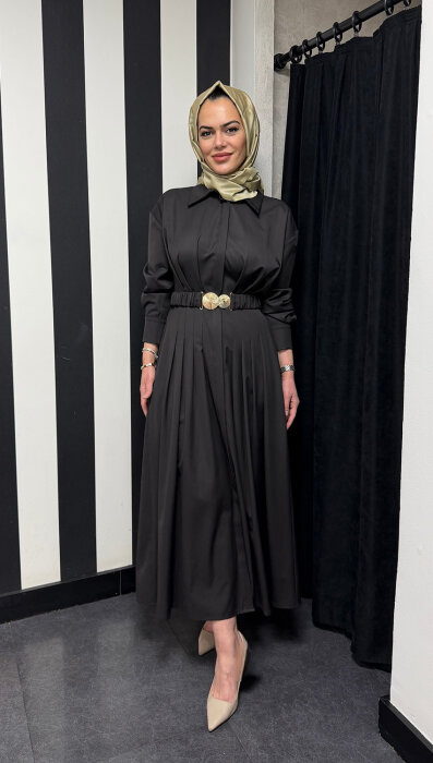 Vuu Kuplu Ve Pileli Elbise KAHVE - 1