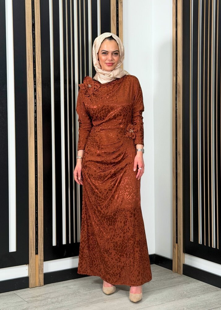 Vuu Leopar Desenli Elbise KİREMİT