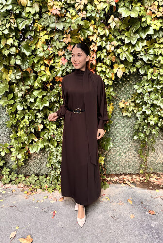 Vuu Önü Nervürlü Yarasa Kol Elbise Acı Kahve