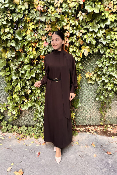 Vuu Önü Nervürlü Yarasa Kol Elbise Acı Kahve - 1