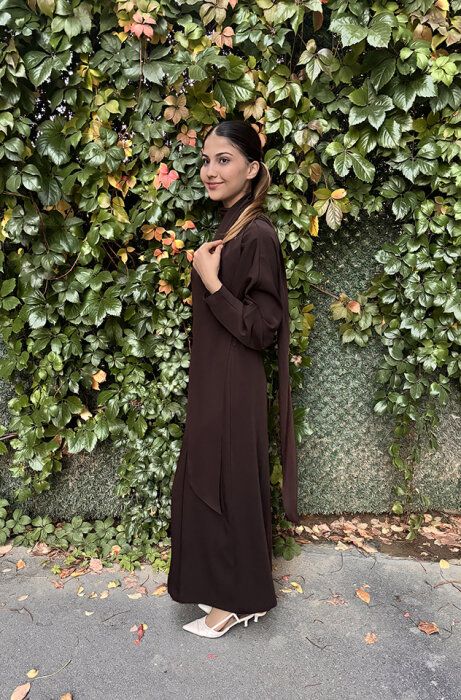 Vuu Önü Nervürlü Yarasa Kol Elbise Acı Kahve - 2